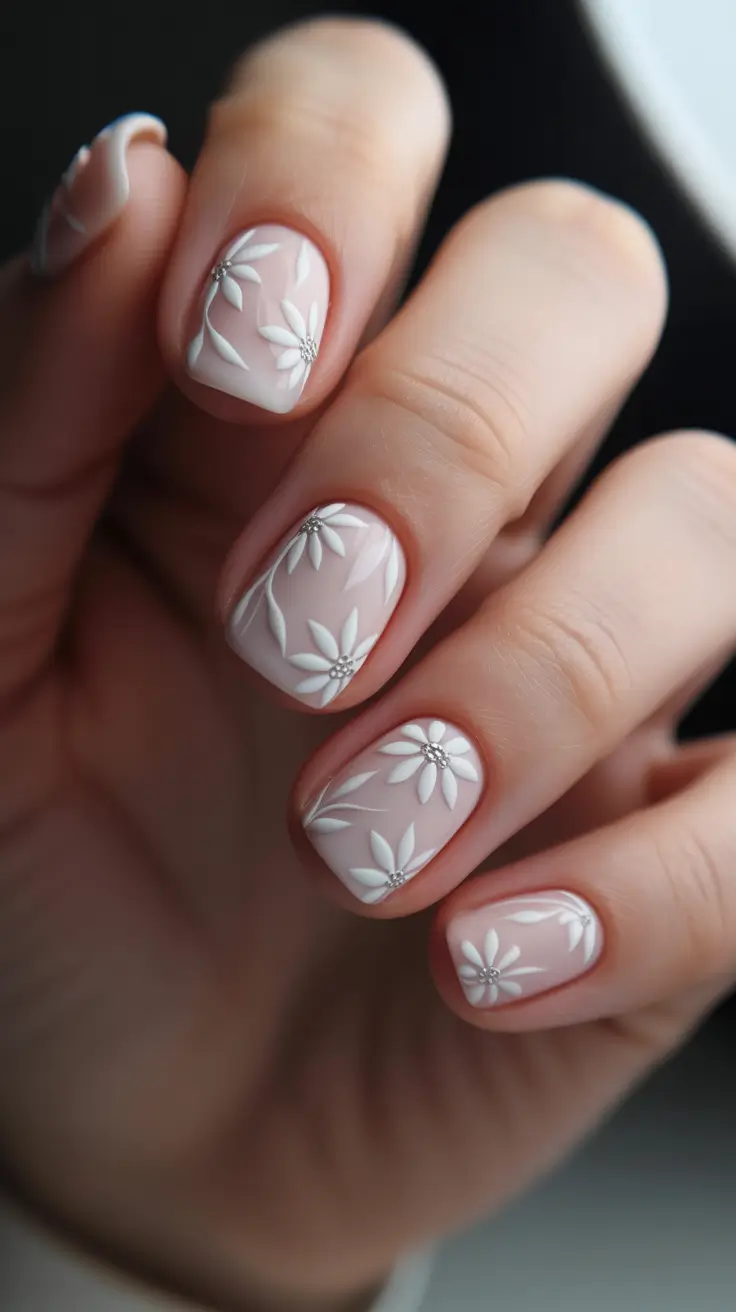 fresh spring wedding nails 2026 Short Milky Square With Minimal White Blossoms