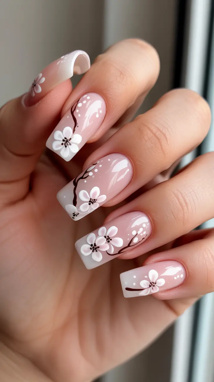 fresh spring wedding nails 2026 Branching White Blossom Elegance