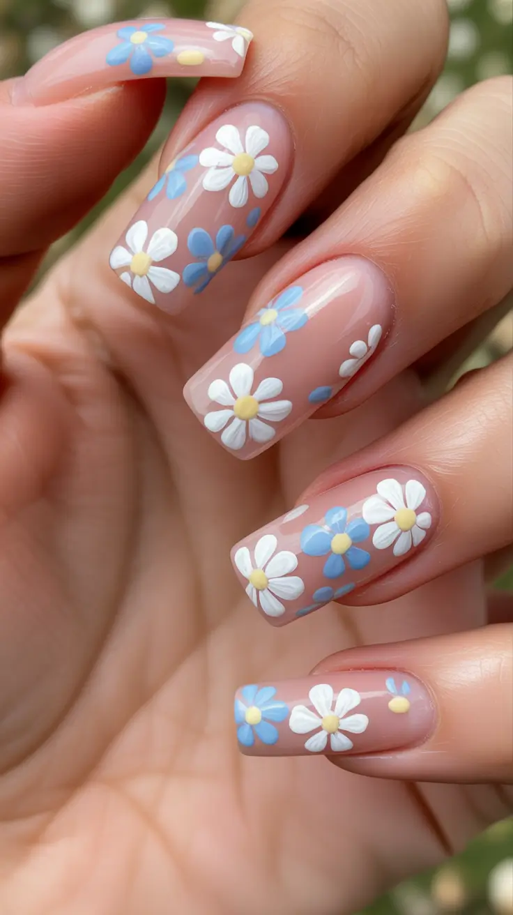 fresh spring wedding nails 2026 Blue-And-White Daisy Square Cheer