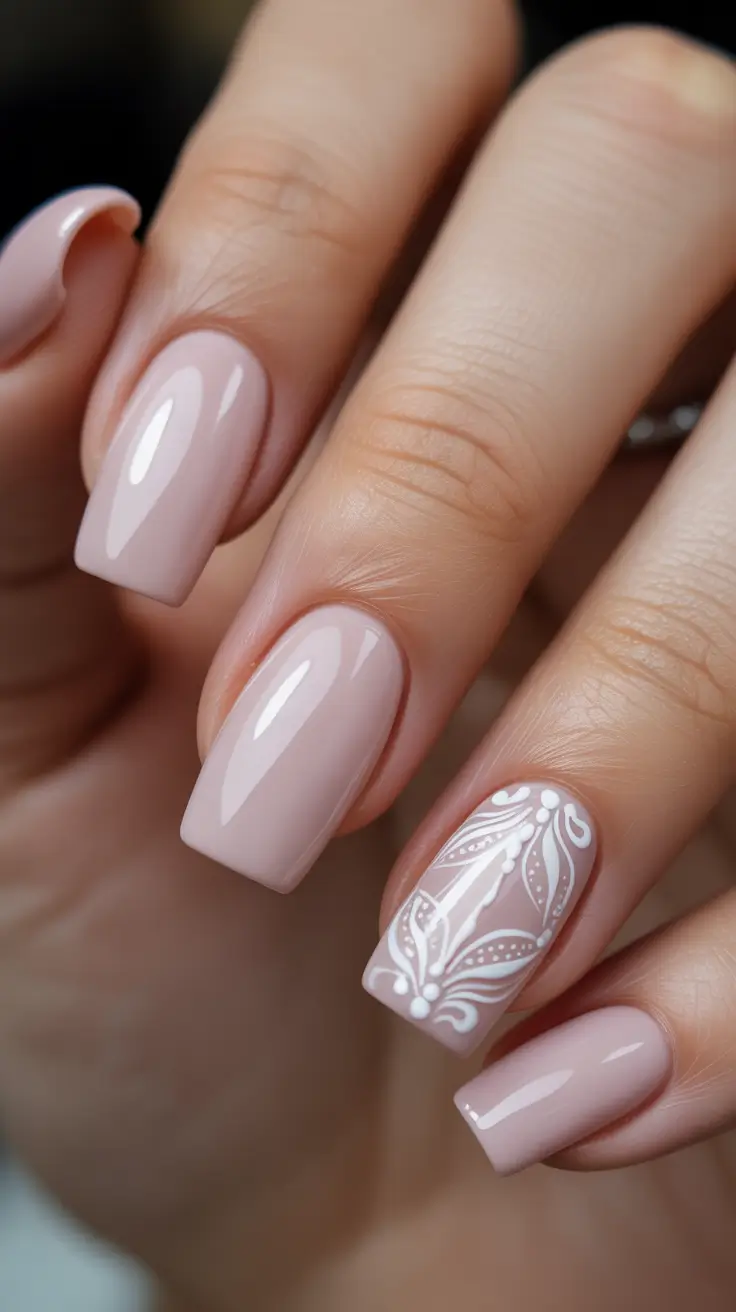 fresh spring wedding nails 2026 Soft Nude Square With White Filigree Accent