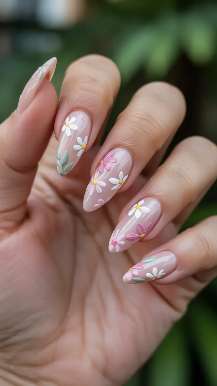 fresh spring wedding nails 2026 Sheer Almond Garden With Pink And Daisy Accents