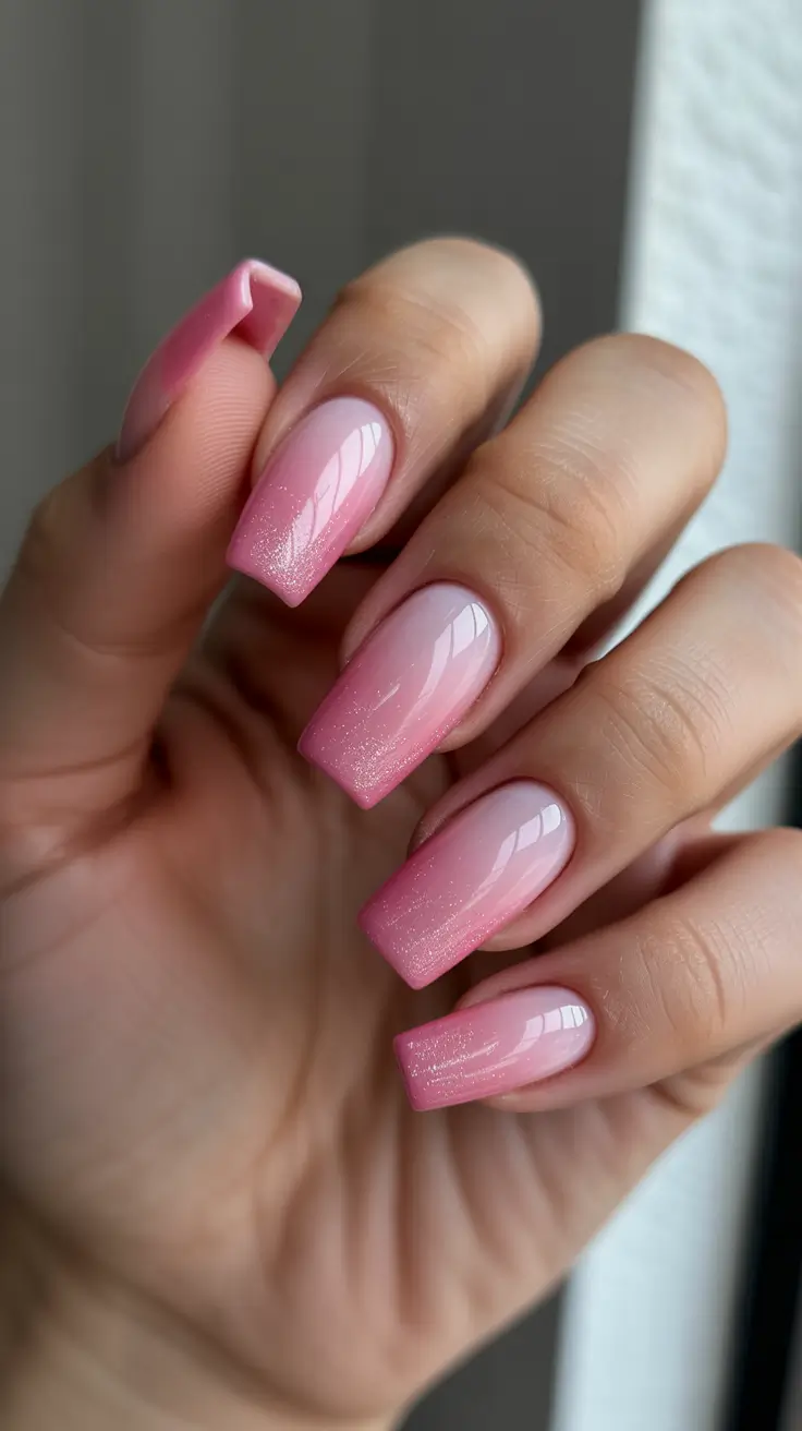 fresh spring wedding nails 2026 Soft Pink Glossy Square Ombre
