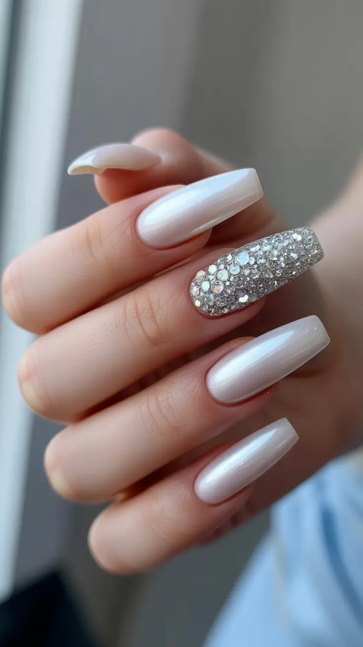 fresh spring wedding nails 2026 Pearl Chrome Coffin With Crystal Accent