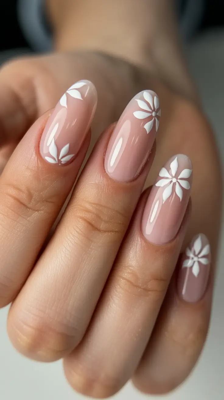 fresh spring wedding nails 2026 Blush Almond With Minimal Floral Accents