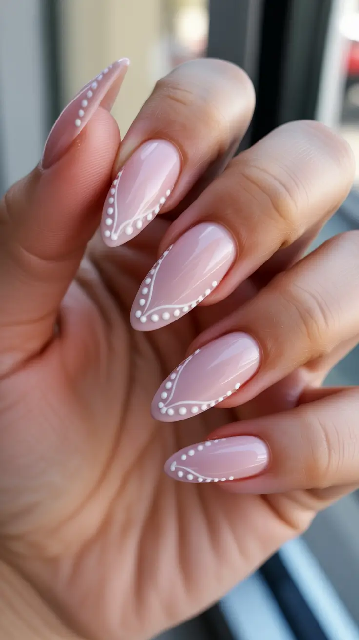 fresh spring wedding nails 2026 Soft Pink Almond With Pearl Detailing