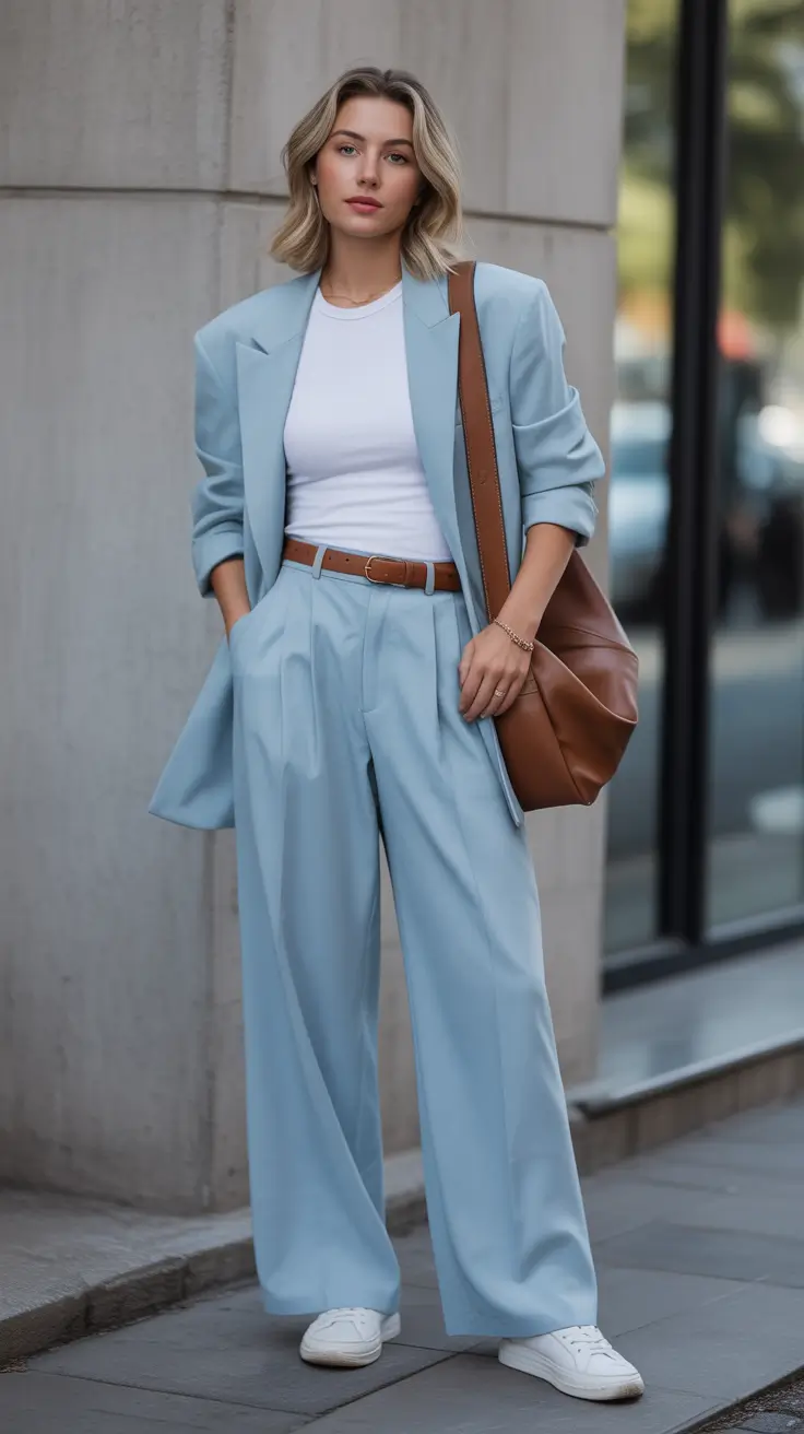 sophisticated spring work outfits 2026 Powder Blue Tailoring With A Crisp White Base