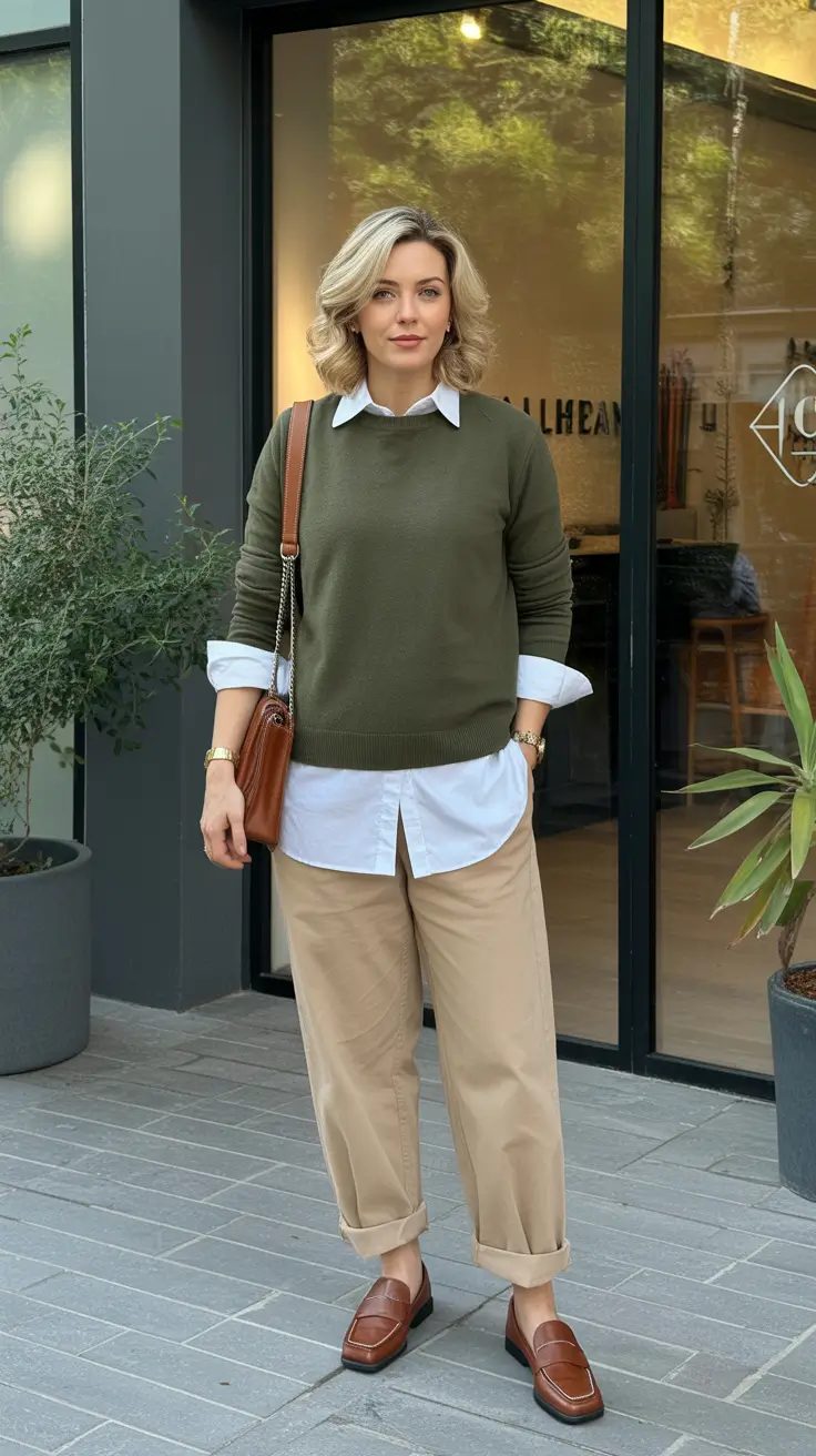 sophisticated spring work outfits 2026 Olive Knit Over A Crisp Shirt And Khaki Trousers