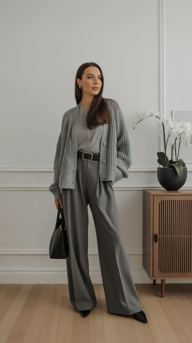 sophisticated spring work outfits 2026 Monochrome Gray Set With Cozy Cardigan Layers