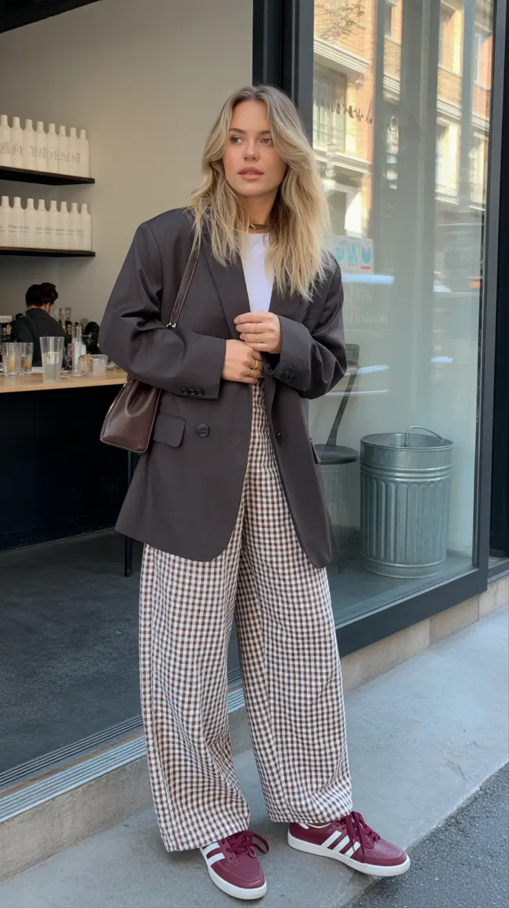 sophisticated spring work outfits 2026 Charcoal Blazer With Gingham Wide-Leg Trousers And Sneakers