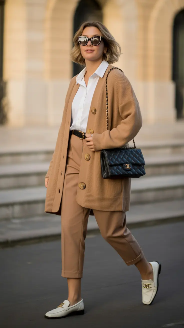 sophisticated spring work outfits 2026 Camel Cardigan With White Shirt And Tailored Cropped Trousers