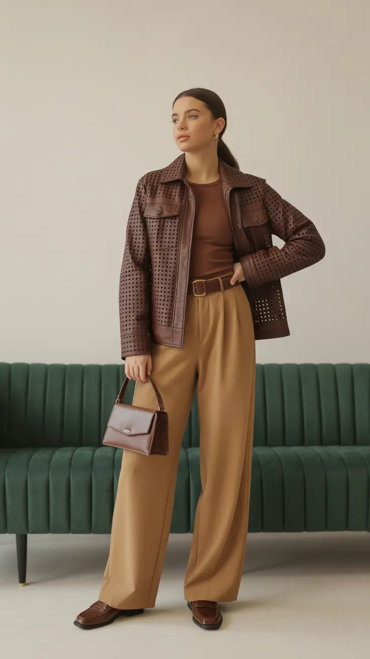 sophisticated spring work outfits 2026 Chocolate Leather Layers With Camel Tailoring