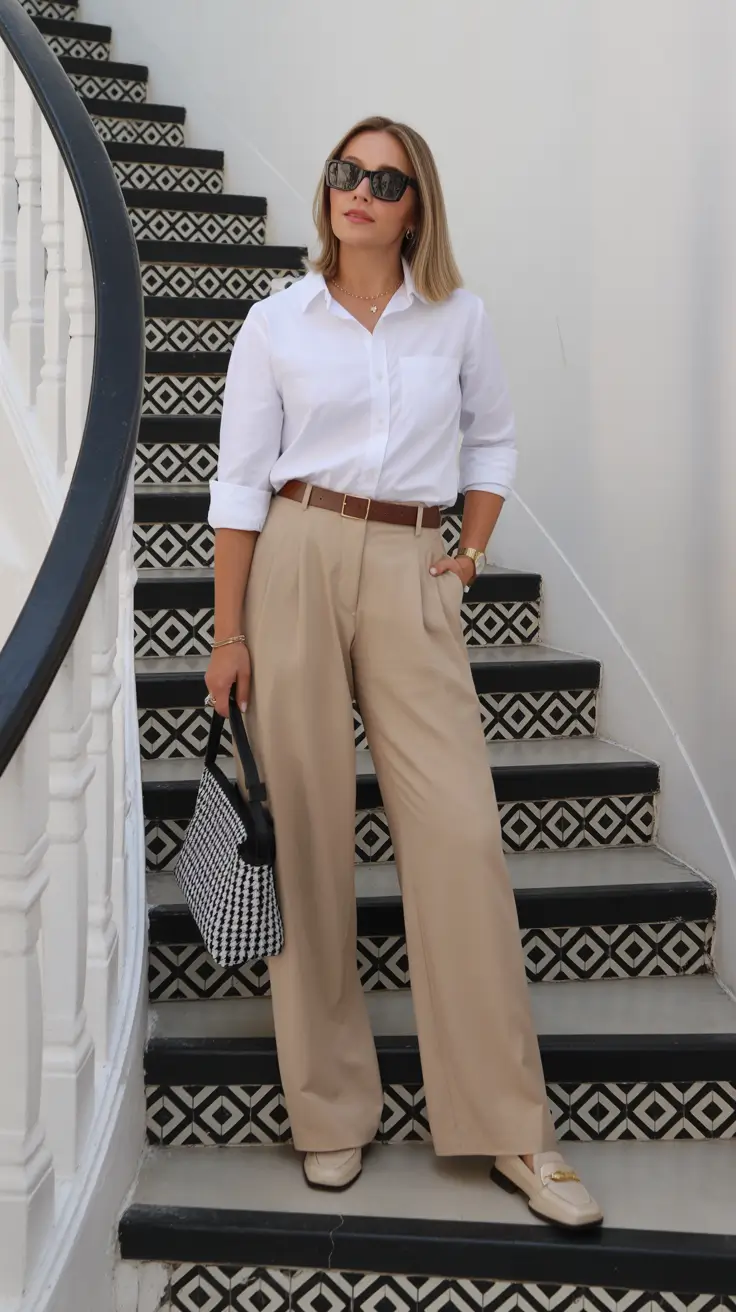 sophisticated spring work outfits 2026 Crisp White Shirt With Beige Wide-Leg Ease