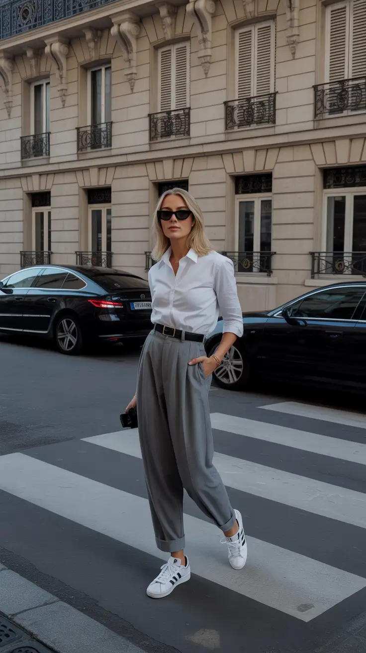 sophisticated spring work outfits 2026 White Shirt And Gray Pleats With Sneaker Confidence