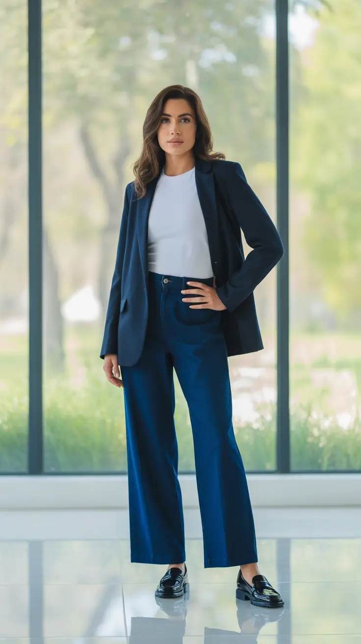 sophisticated spring work outfits 2026 Navy Suiting With A Clean White Base