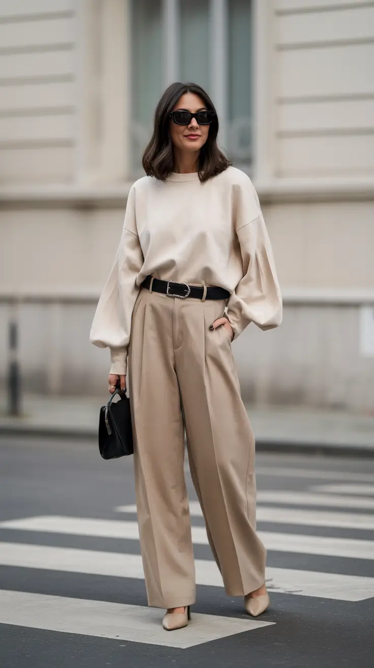 sophisticated spring work outfits 2026 Soft Neutral Sweater And Wide Trousers For Quiet Luxury