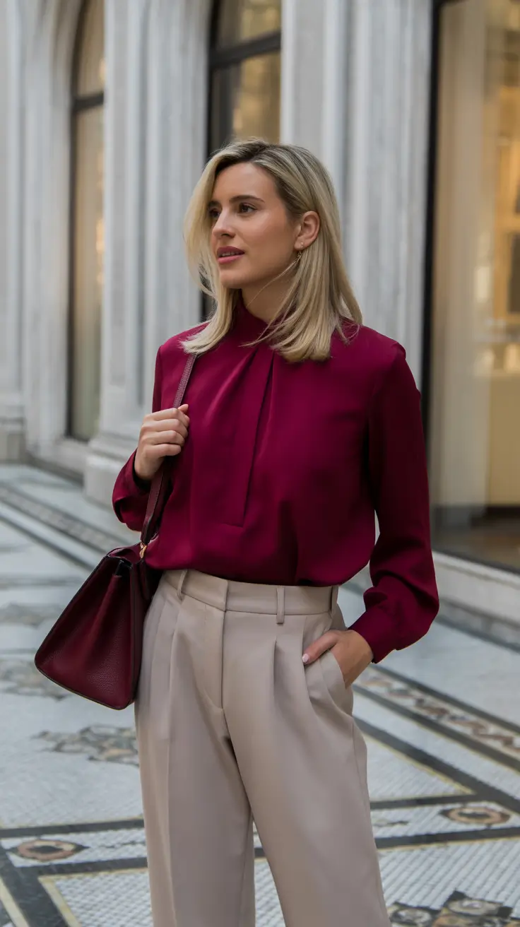 sophisticated spring work outfits 2026 Burgundy Blouse And Taupe Trousers For Elevated Color