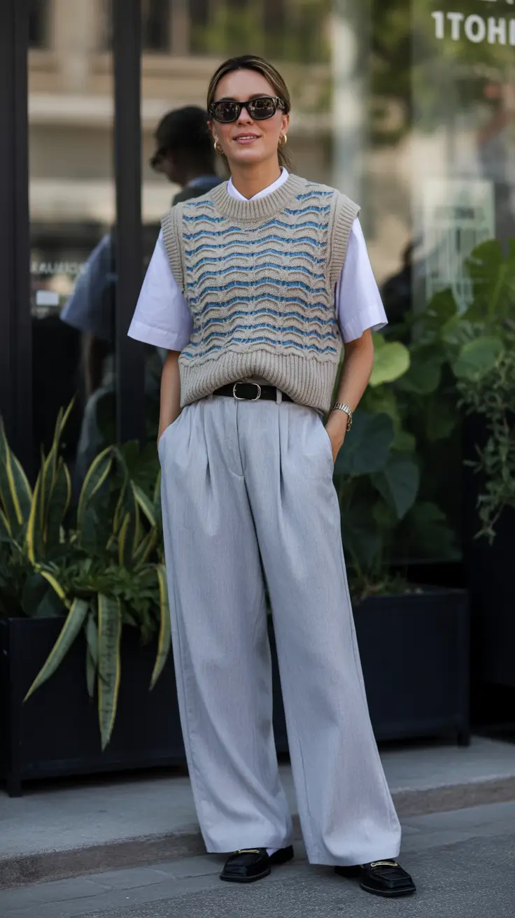 sophisticated spring work outfits 2026 Sweater Vest Layering With Relaxed Tailoring
