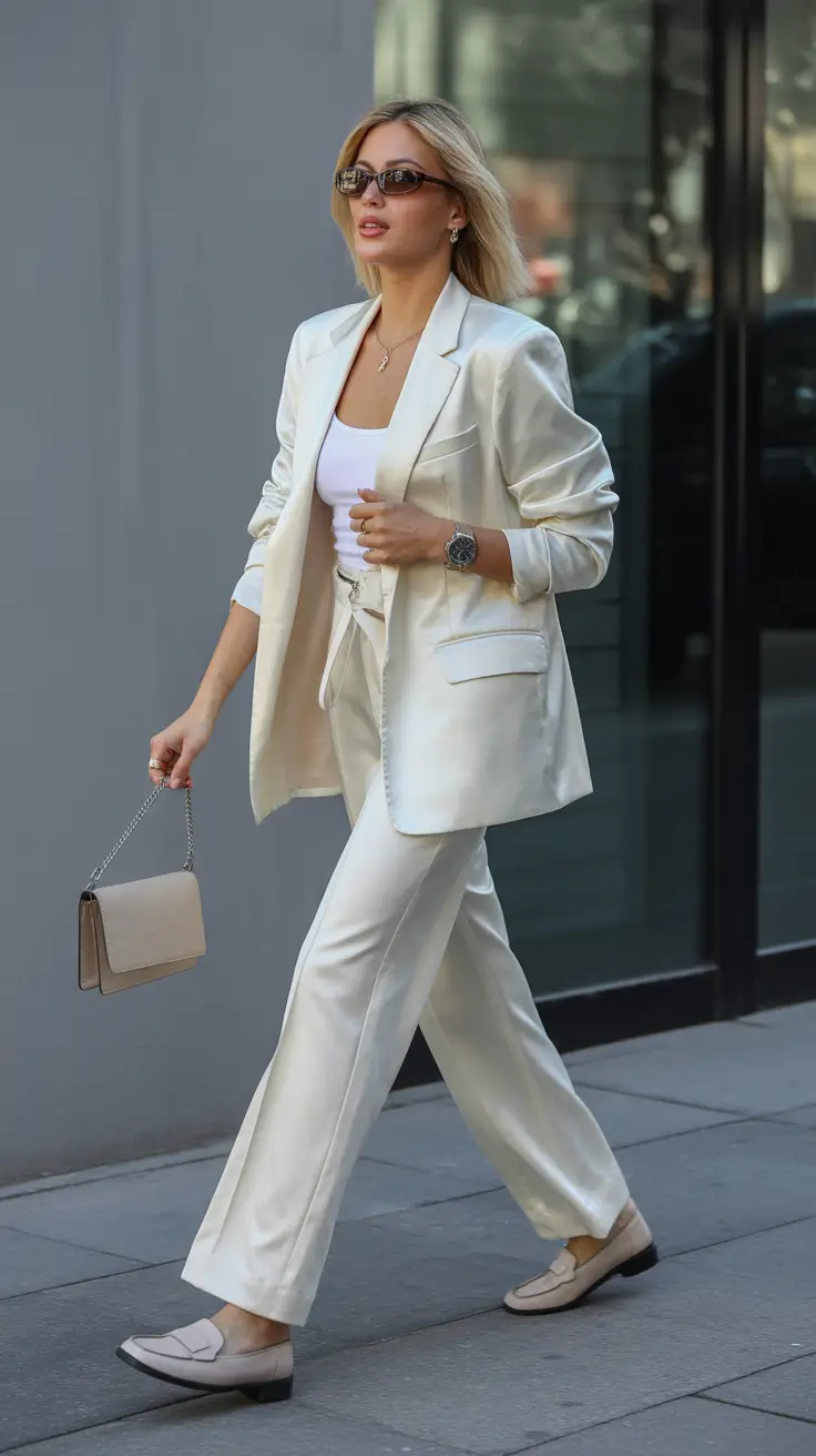 sophisticated spring work outfits 2026 Ivory Satin-Look Suit With Soft Accessories