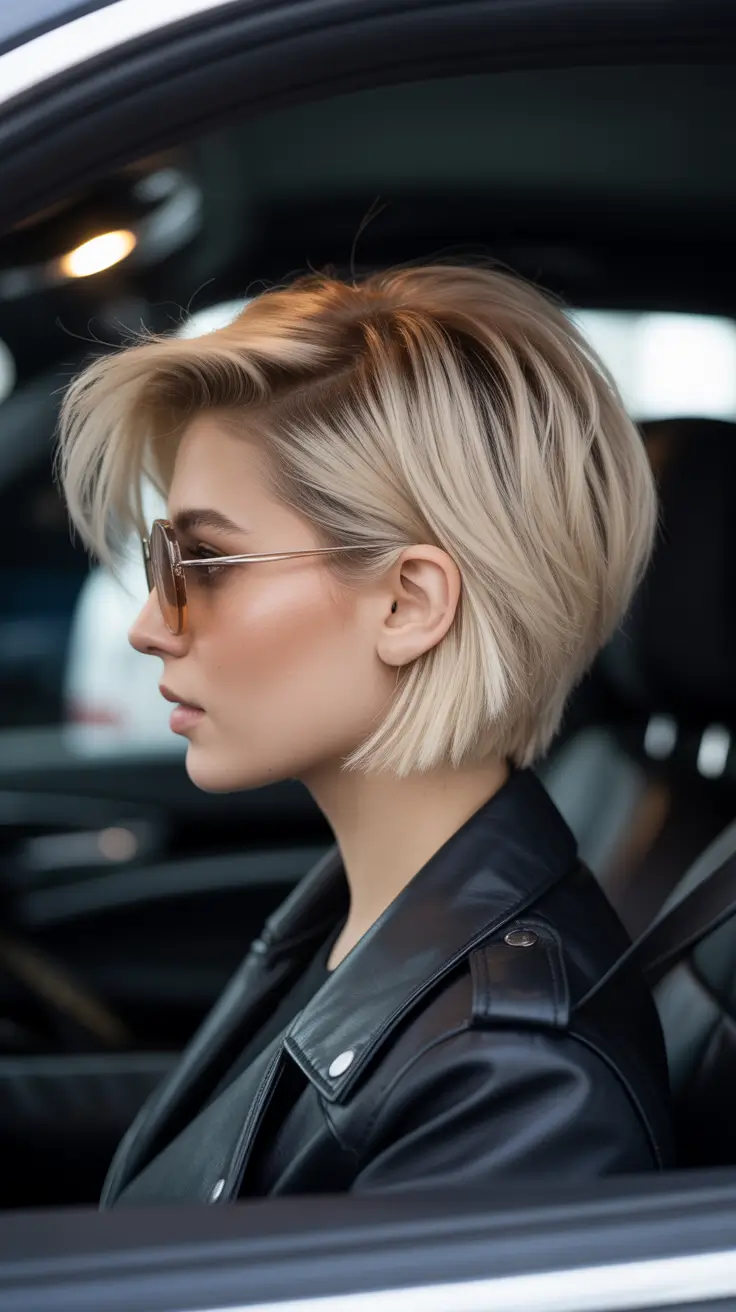 Trendy bob haircuts 2026 + Edgy Side-Swept Bob With Power-Jacket Attitude