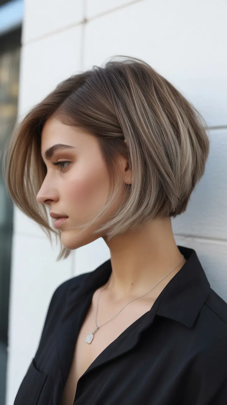 Trendy bob haircuts 2026 + Side-Swept Precision Bob With Cool Brunette Dimension