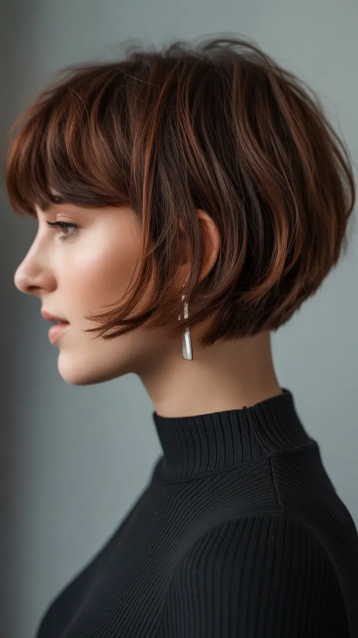 Trendy bob haircuts 2026 + Short Copper-Toned Bob With Soft Fringe And Lift