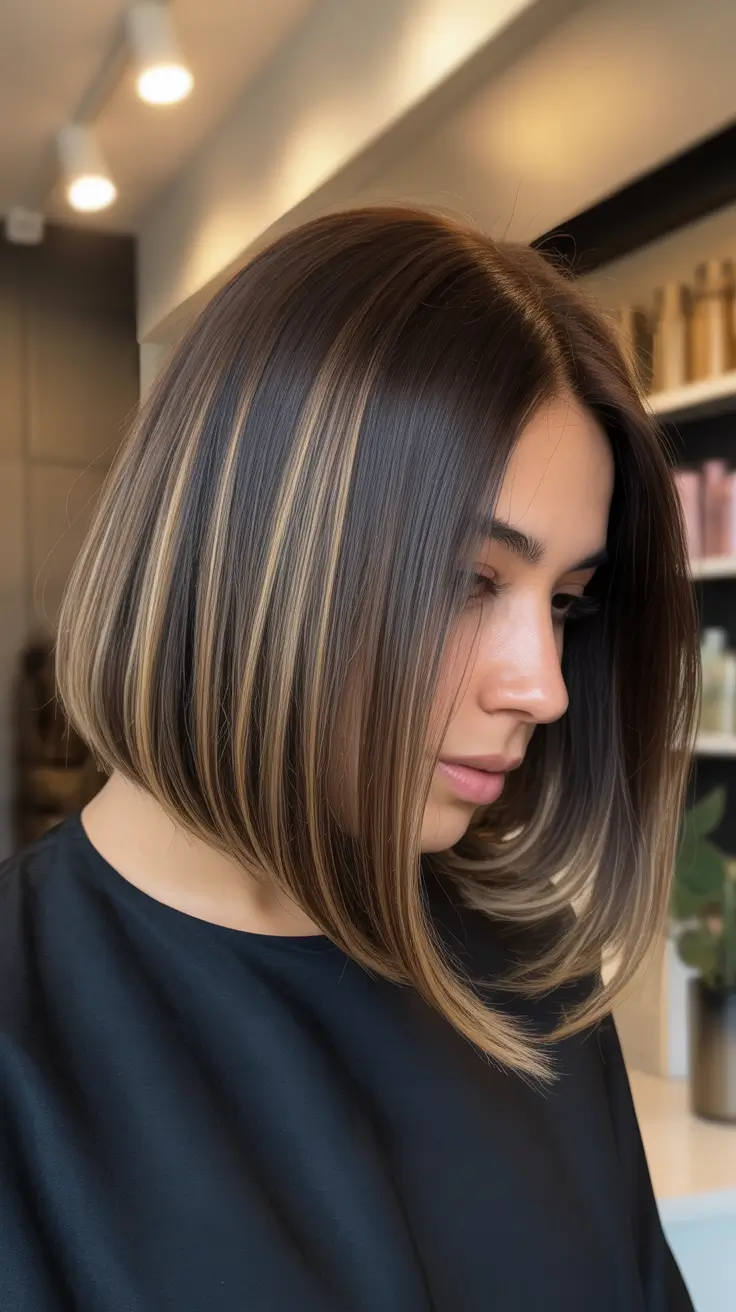Trendy bob haircuts 2026 + Sleek Angled Lob With Money-Piece Highlights