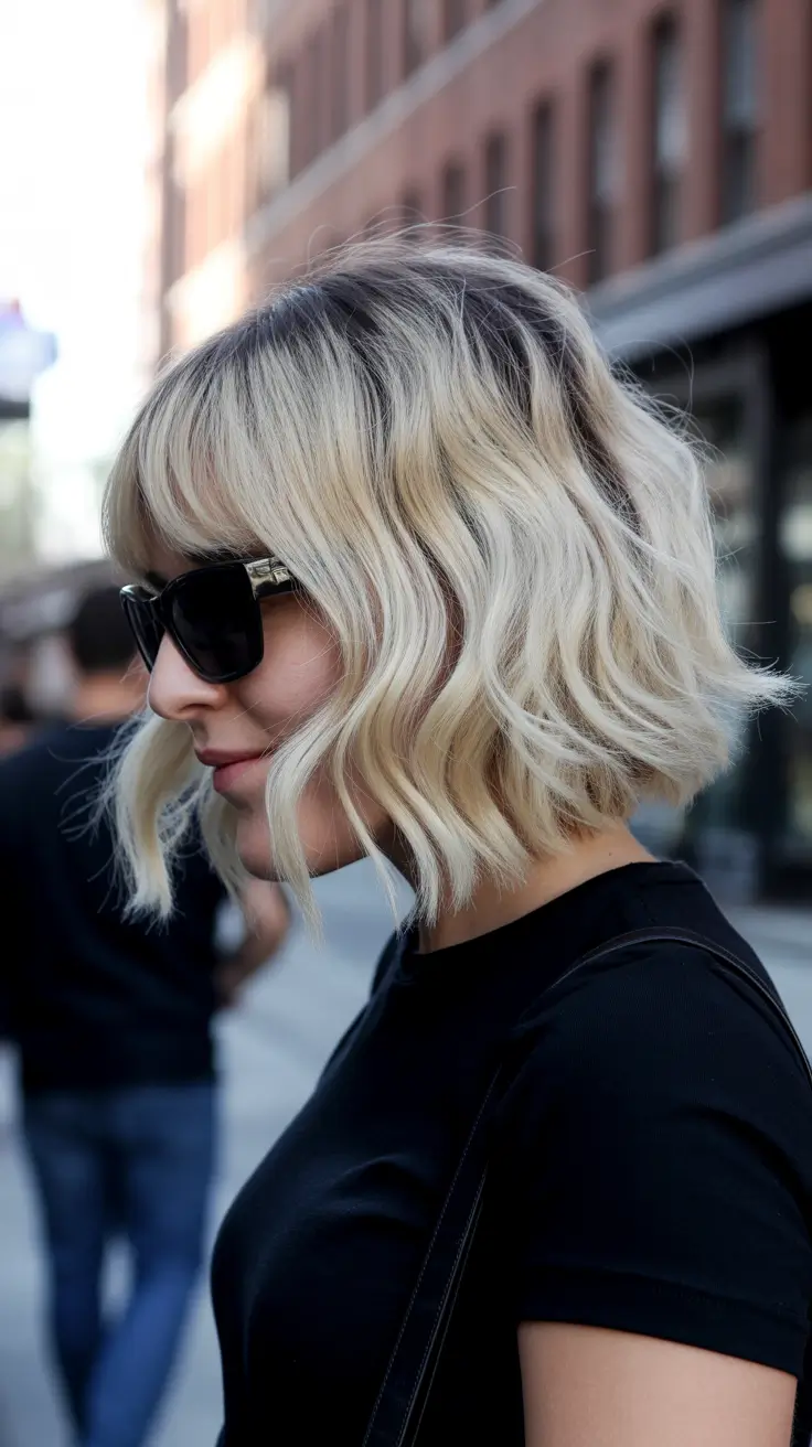 Trendy bob haircuts 2026 + Textured Wavy Bob With Full Fringe And Lived-In Blonde