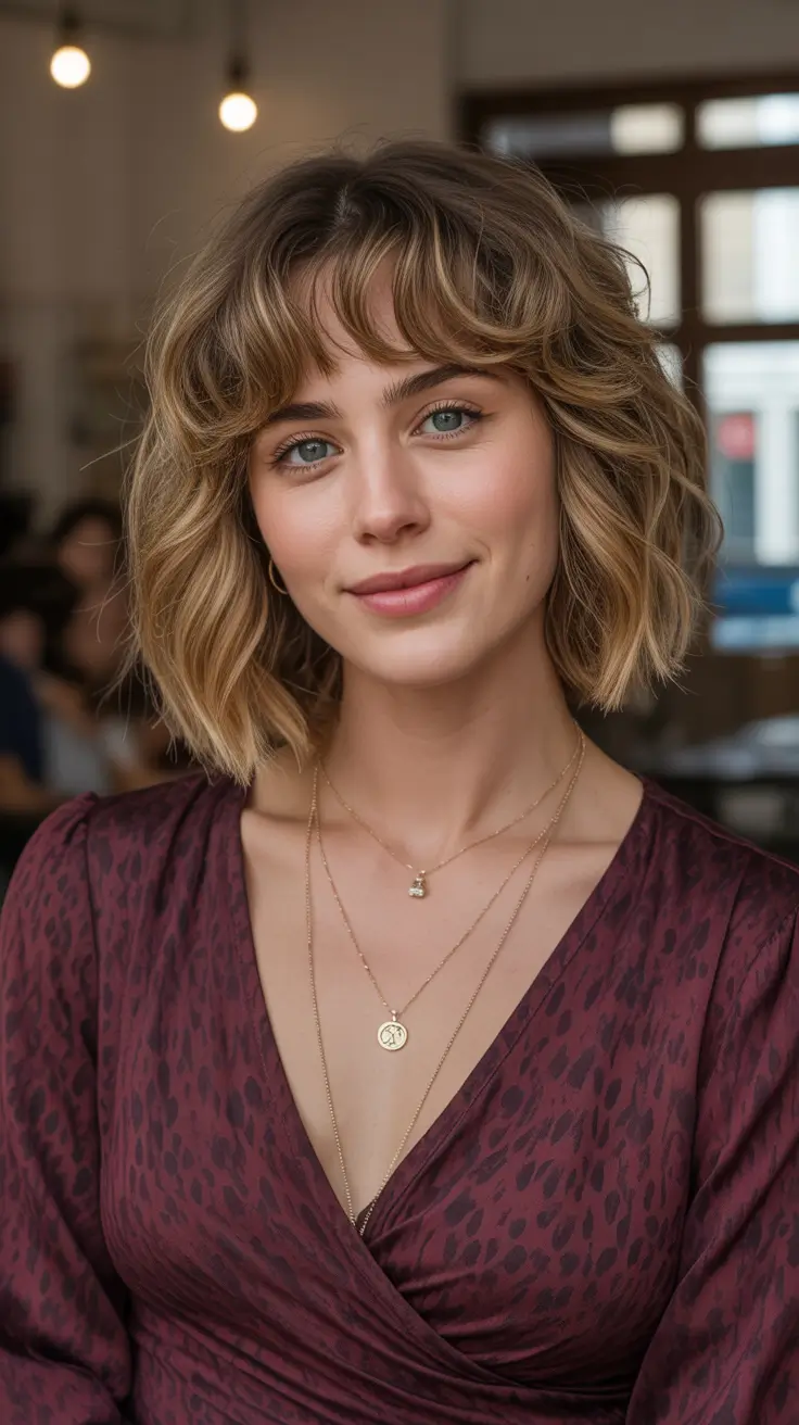 Trendy bob haircuts 2026 + Shaggy Bob With Curtain Bangs And Airy Texture