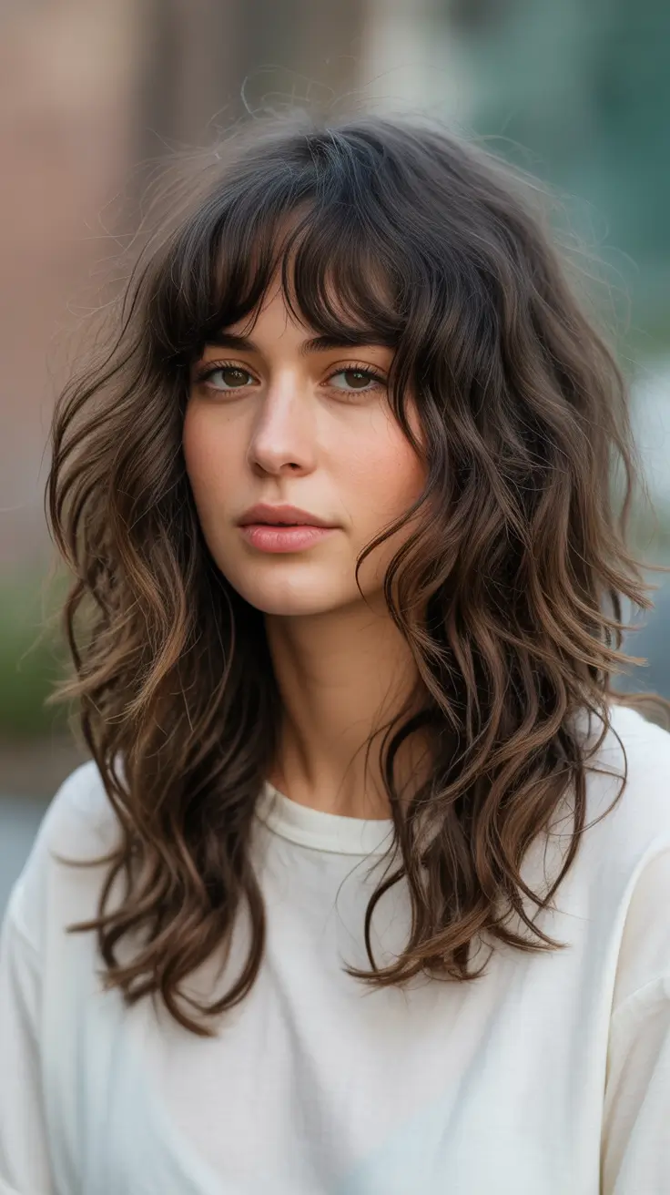Trendy haircuts 2026 Soft Curly Shag With Curtain Bangs
