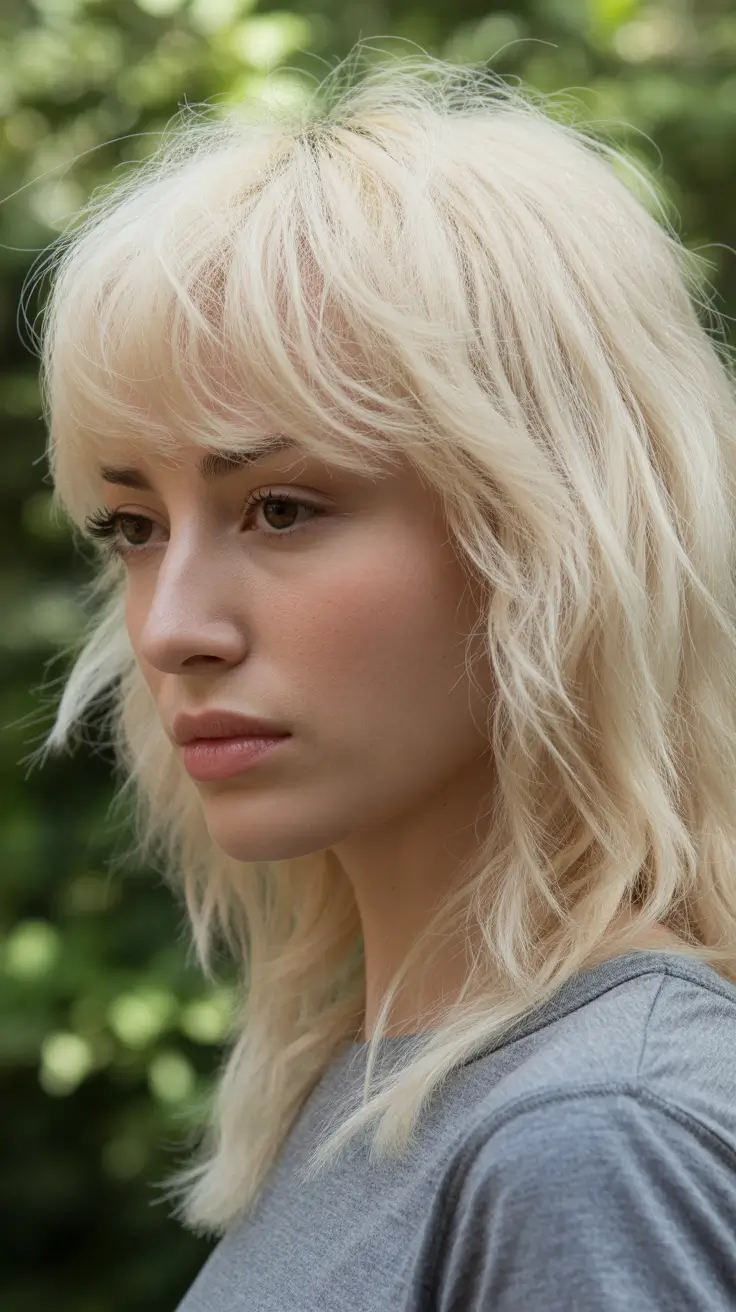 Trendy haircuts 2026 Platinum Shag With Full Fringe And Airy Movement