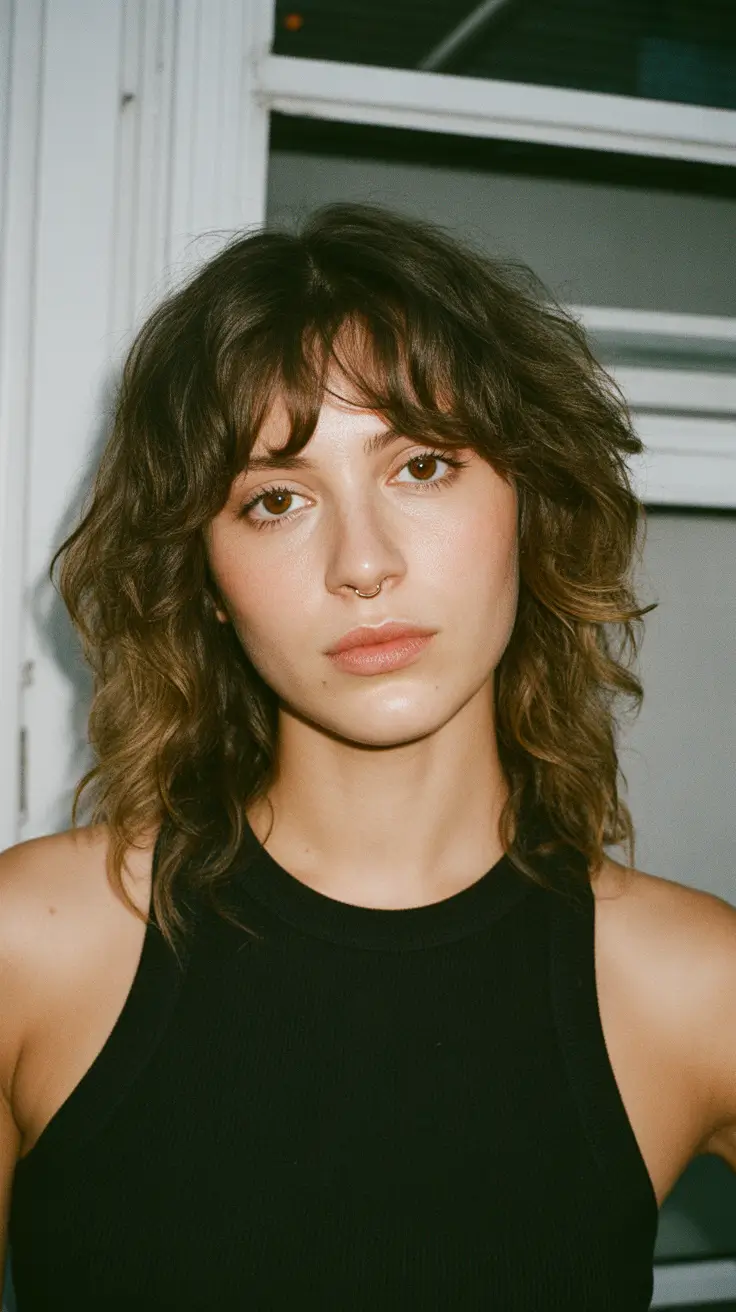 Trendy haircuts 2026 Textured Brunette Shag With Wispy Curtain Bangs