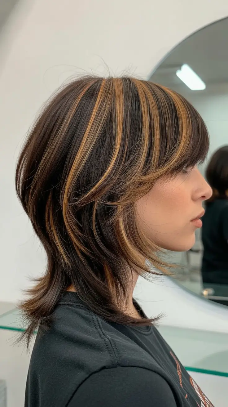 Trendy haircuts 2026 Layered Shag Bob With Caramel Ribbon Highlights