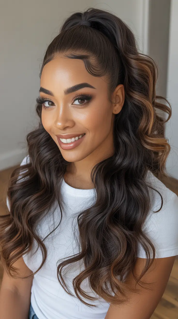 Trendy hairstyles for black women 2026 Soft Glam High Ponytail With Caramel Ribbon Highlights