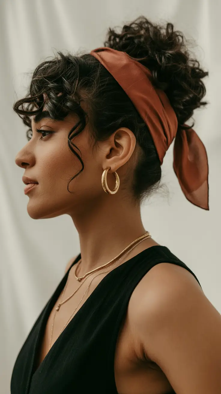 Trendy hairstyles for black women 2026 Curly Updo With Cinnamon Scarf Tie And Soft Fringe