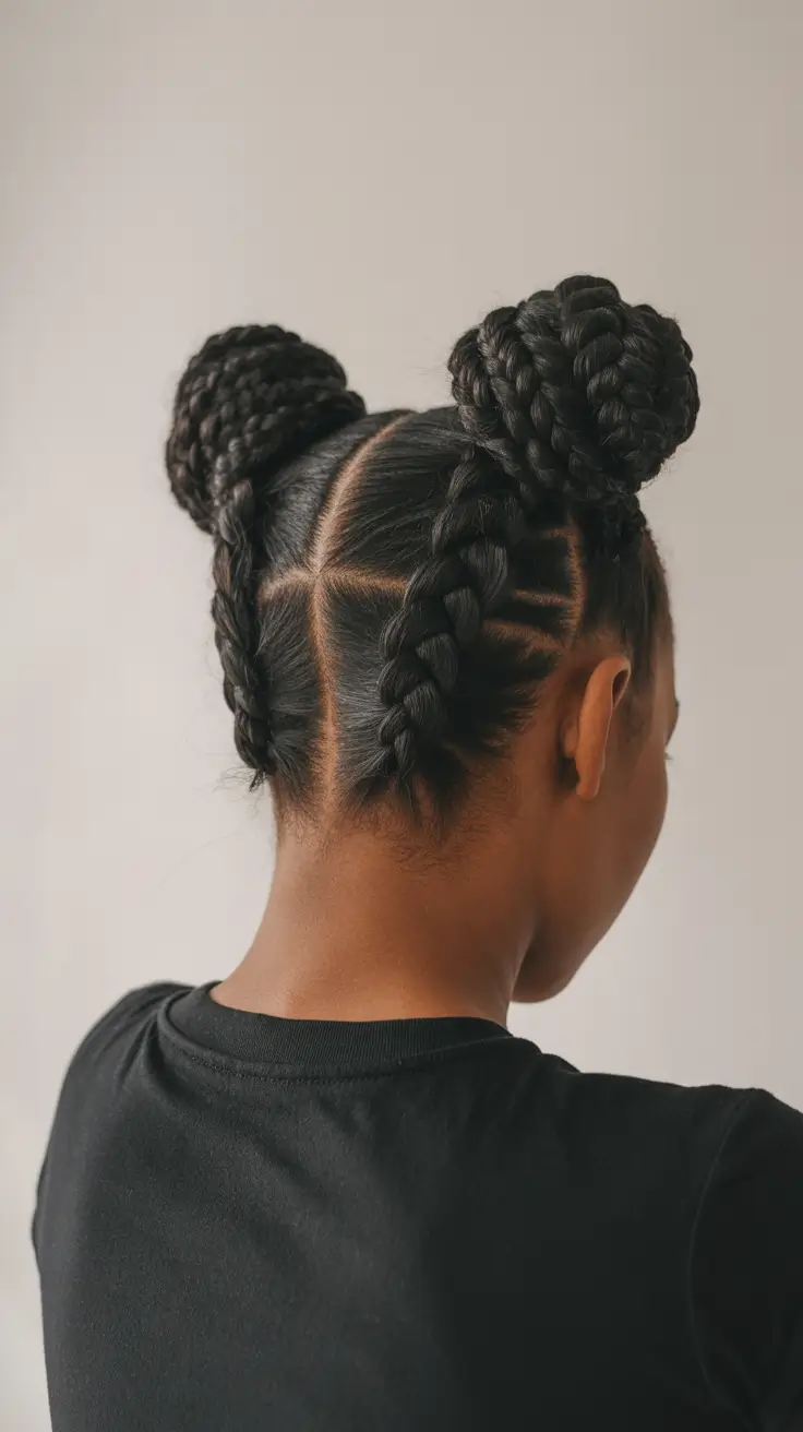 Trendy hairstyles for black women 2026 Double Braided Buns With Crisp Parts And Graphic Cornrow Detail