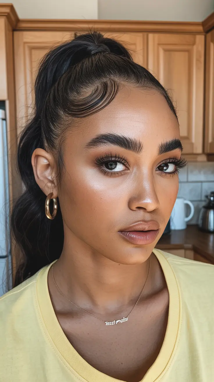 Trendy hairstyles for black women 2026 + Glossy High Ponytail With Swooped Baby Hairs