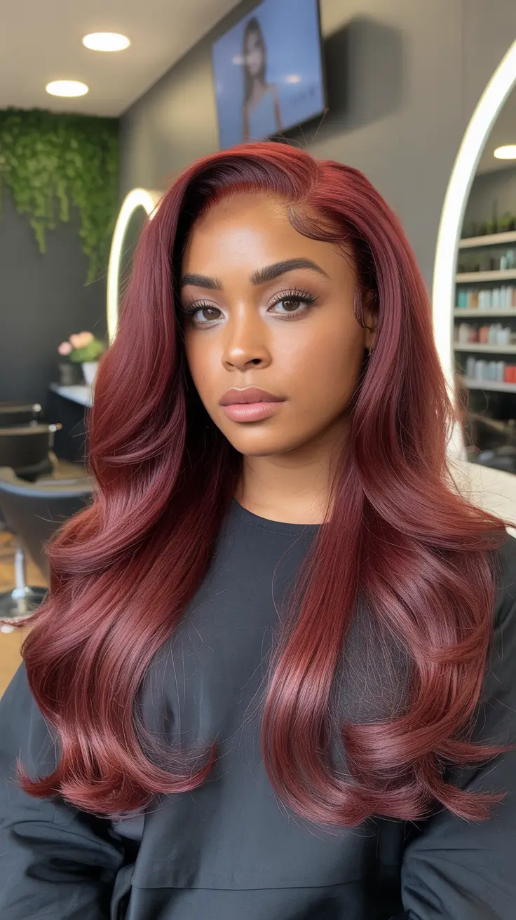 Trendy hairstyles for black women 2026 Cherry Merlot Blowout Waves That Look Expensive