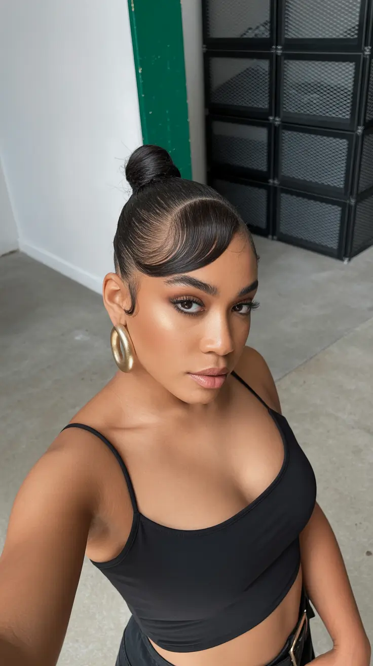 Trendy hairstyles for black women 2026 + Minimal Top Knot With A Statement Side Sweep