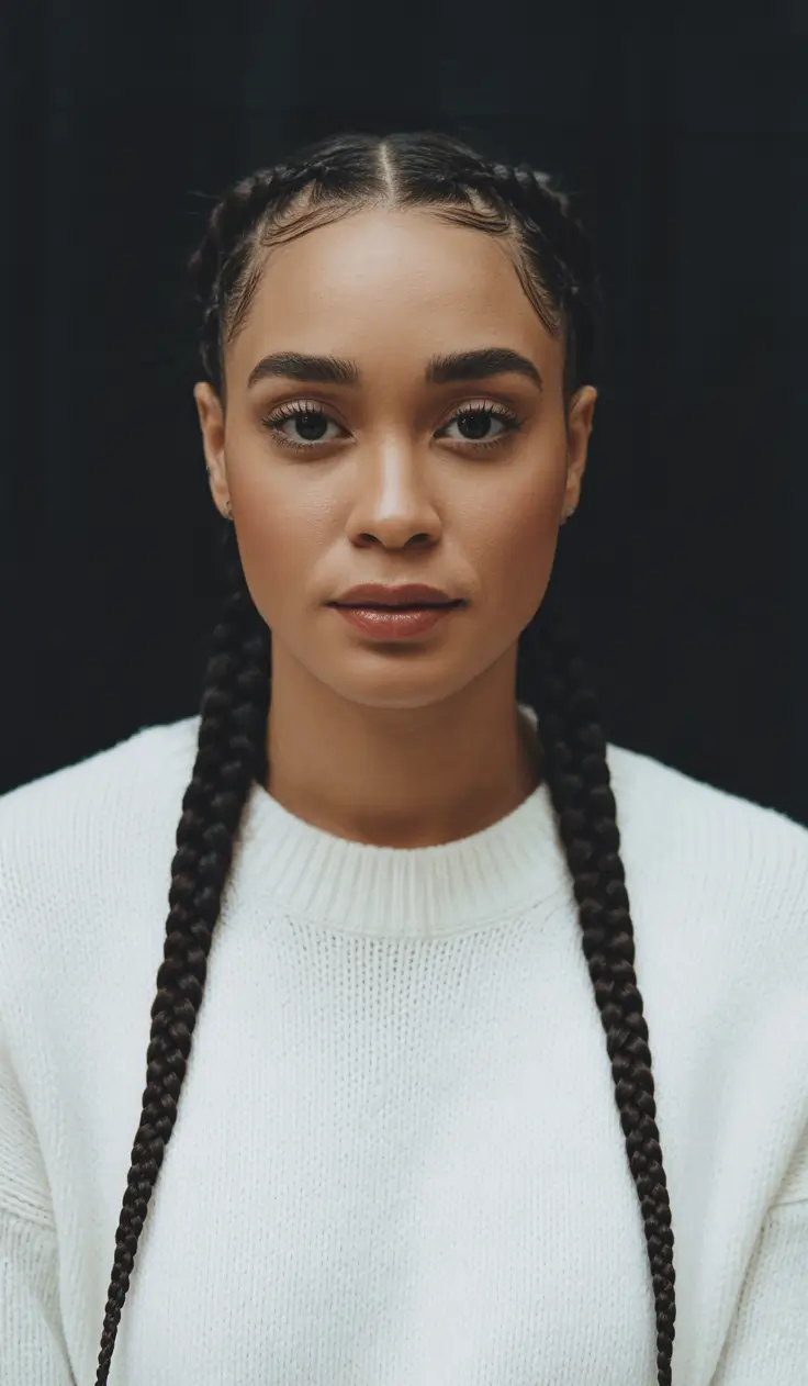 Trendy hairstyles for black women 2026 + Middle-Part Double Braids With A Classic, Clean Finish