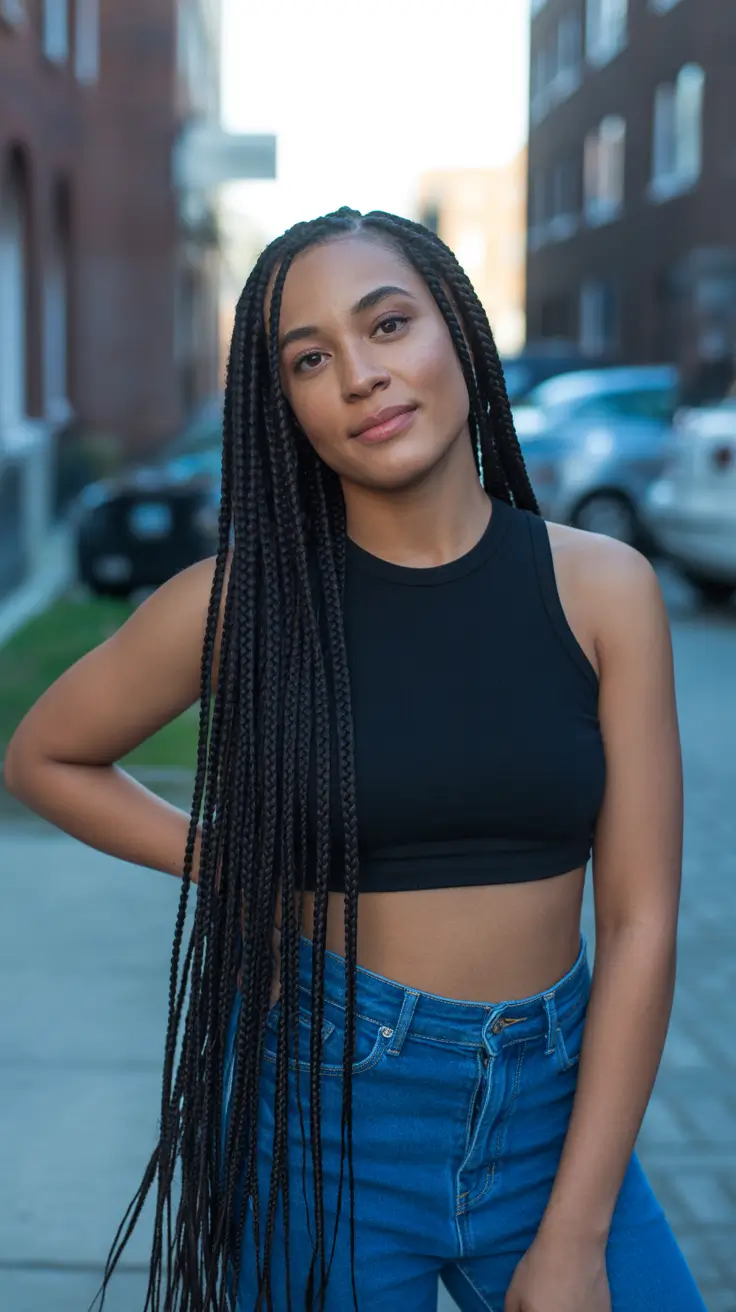 Trendy hairstyles for black women 2026 Waist-Length Knotless Braids With A Clean Middle Part