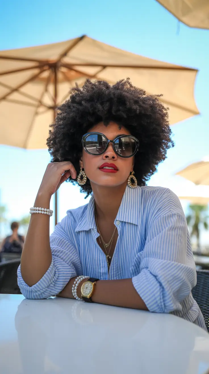 Trendy hairstyles for black women 2026 Statement Afro With Big Sunglasses And Vacation Energy