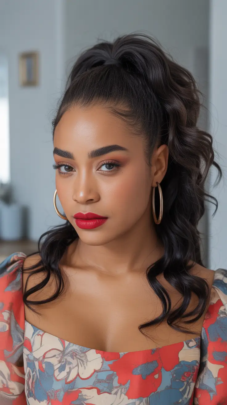 Trendy hairstyles for black women 2026 + Half-Up High Pony With Soft Waves And Full Volume