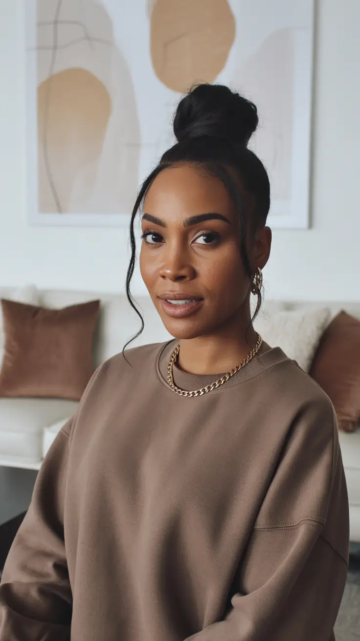 Trendy hairstyles for black women 2026 + Sleek Top Bun With Face-Framing Tendrils