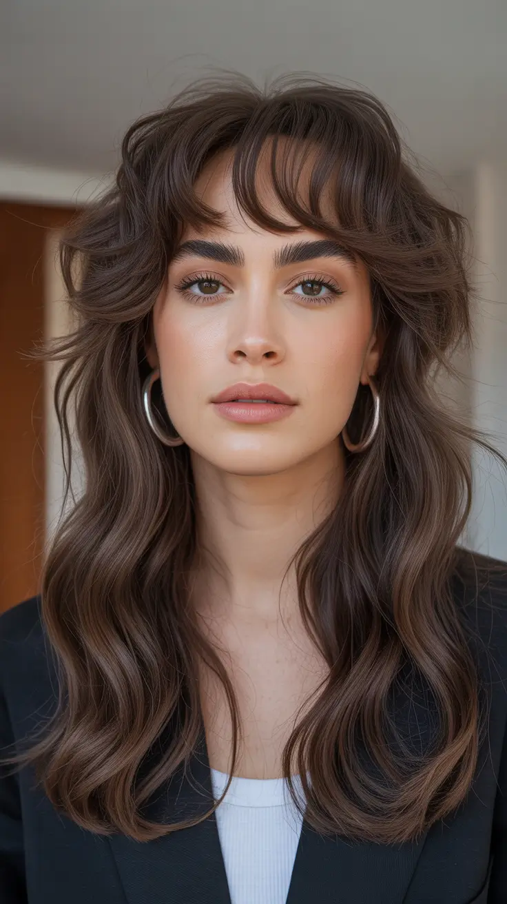 Trendy shag haircut 2026 + Soft Brunette Shag With Curtain Bangs And Glossy Length