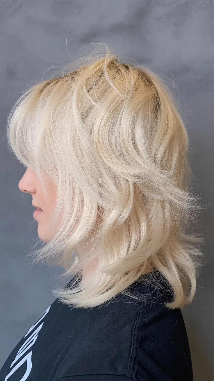 Trendy shag haircut 2026 + Icy Blonde Shag With Swoopy Side Bangs And Airy Layers