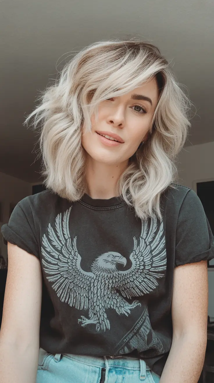 Trendy shag haircut 2026 + Silver Blonde Wavy Lob With Side Fringe And Soft Shag Movement