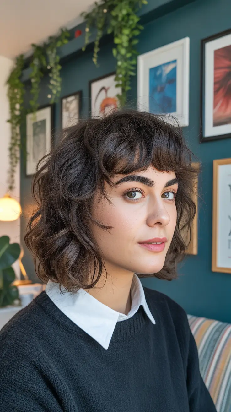 Trendy shag haircut 2026 + Parisian Brunette Shag Bob With Baby Bangs