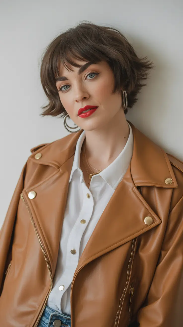 Trendy shag haircut 2026 + Short Shaggy Bob With Micro Fringe And Leather-Jacket Energy