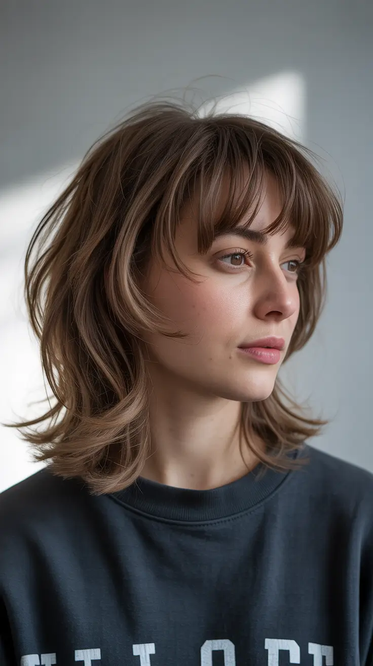 Trendy shag haircut 2026 + Soft Chocolate Shag With Breezy Bangs