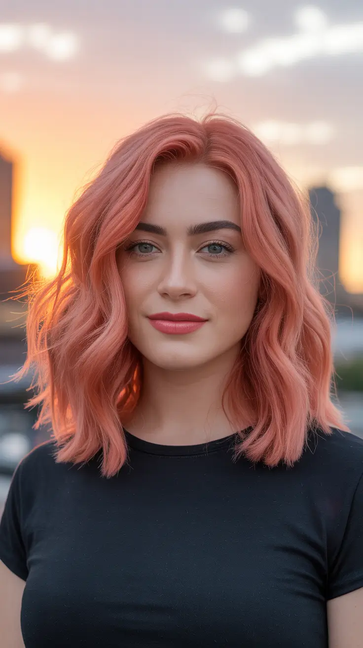 summer hair color ideas 2026 Soft Coral Peach Bob With Sunset Glow